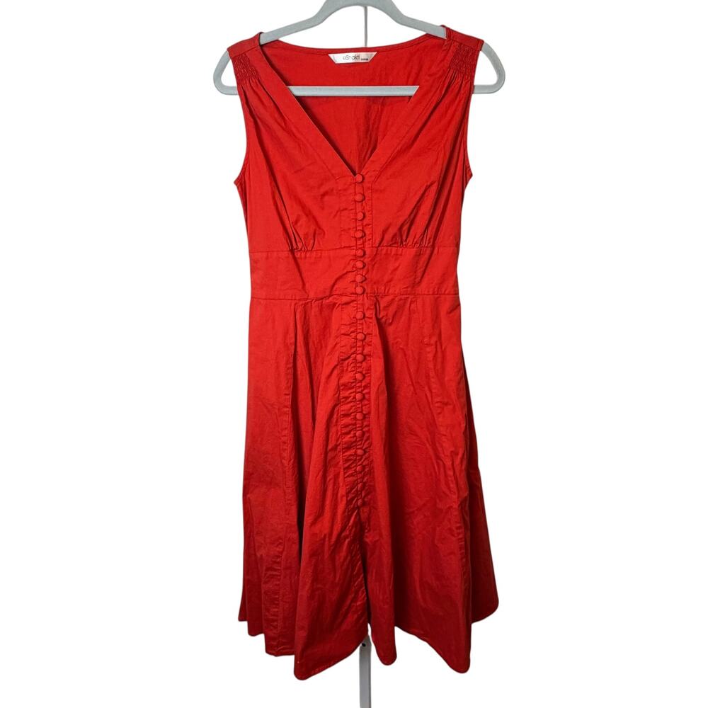 eShakti Red Cotton Fit & Flare Dress Sleeveless Button Front S Retro 50s Pockets